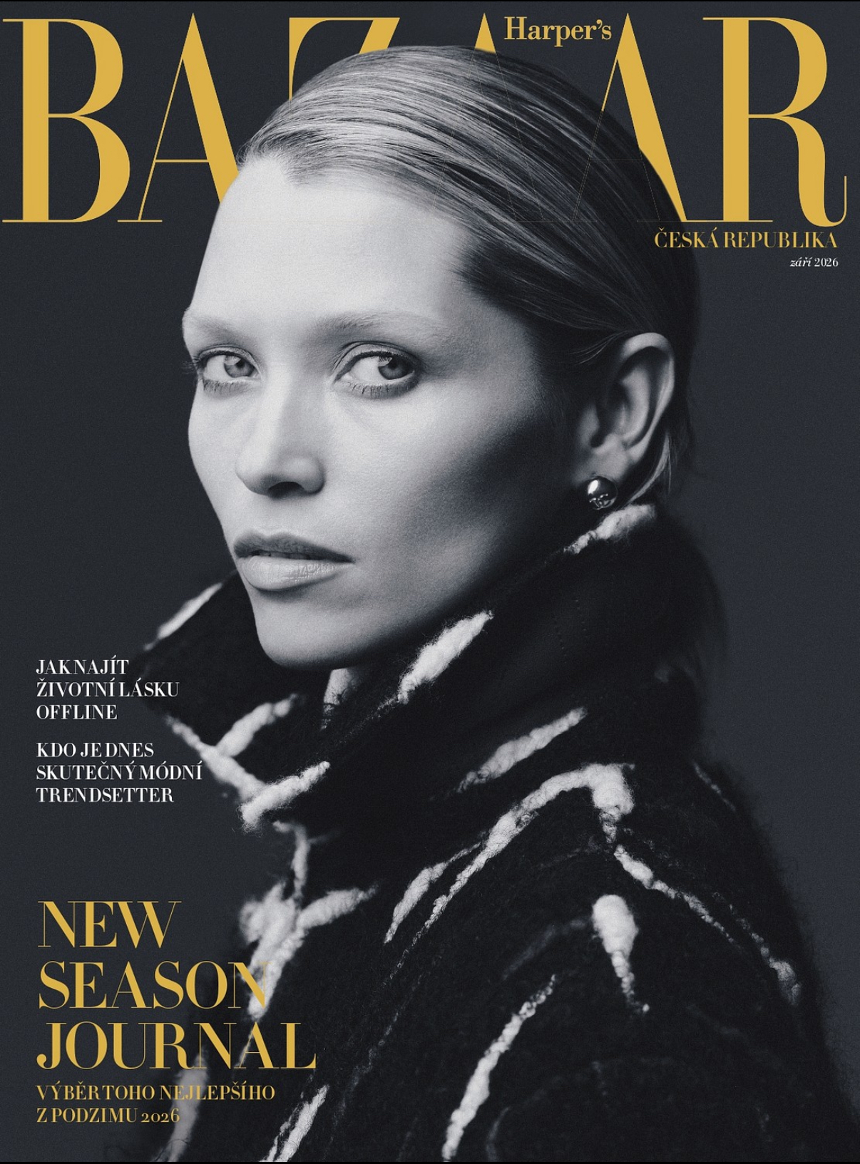Harper's Bazaar Czech Republic cover with a monochrome fashion portrait and gold typography